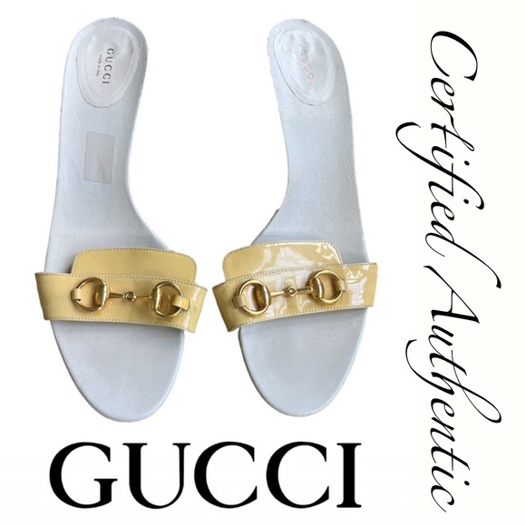 Gucci Yellow Horsebit Yellow Patent Leather Low Heel Gambit Sandals - Picture 1 of 13